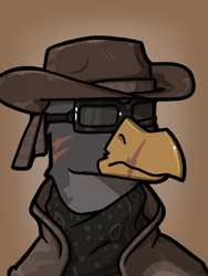 Size: 540x720 | Tagged: safe, artist:blakasmoko, oc, oc only, griffon, equestria at war mod, bounty hunter, bust, cowboy hat, duster, goggles, gradient background, griffon oc, hat, portrait, scar, solo