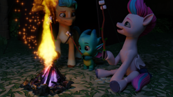 Size: 3840x2160 | Tagged: safe, artist:raindashesp, hitch trailblazer, sparky sparkeroni, zipp storm, dragon, earth pony, pegasus, pony, g5, campfire, camping, female, fire, food, male, marshmallow, outdoors, s'mores, ship:stormblazer, shipping, straight, trio, unitober 2024