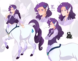 Size: 2048x1623 | Tagged: safe, artist:inkrred, rarity, centaur, human, taur, g4, centaurified, crossed arms, crying, darling, elf ears, female, horn, horned humanization, huff, humanized, light skin, raised hoof, sad, simple background, smiling, solo, species swap, white background, zoom layer