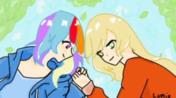 Size: 300x168 | Tagged: safe, artist:lumie27, applejack, rainbow dash, human, g4, duo, duo female, female, humanized