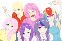 Size: 900x589 | Tagged: safe, artist:lumie27, applejack, fluttershy, pinkie pie, rainbow dash, rarity, twilight sparkle, human, g4, humanized, mane six