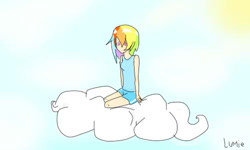 Size: 500x300 | Tagged: safe, artist:lumie27, rainbow dash, human, g4, cloud, humanized, on a cloud, outdoors, solo