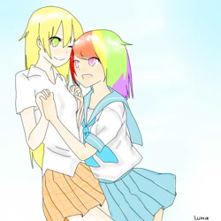 Size: 600x600 | Tagged: safe, artist:lumie27, applejack, rainbow dash, human, g4, clothes, duo, duo female, female, humanized, lesbian, ship:appledash, shipping, skirt