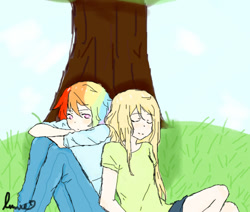 Size: 500x424 | Tagged: safe, artist:lumie27, applejack, rainbow dash, human, g4, duo, duo female, female, humanized, lesbian, outdoors, ship:appledash, shipping, tree