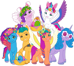 Size: 7105x6335 | Tagged: safe, hitch trailblazer, izzy moonbow, misty brightdawn, pipp petals, sunny starscout, zipp storm, alicorn, earth pony, pegasus, pony, unicorn, g5, my little pony: make your mark, official, .ai available, artificial horn, artificial wings, augmented, colored, colored wings, female, flat colors, flying, g5 brand assets, group, horn, magic, magic horn, magic wings, male, mane five, mane six (g5), mane stripe sunny, mare, multicolored wings, race swap, rebirth misty, royal sisters (g5), sextet, siblings, simple background, sisters, spread wings, stallion, sunnycorn, transparent background, vector, wings