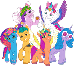 Size: 7105x6335 | Tagged: safe, hitch trailblazer, izzy moonbow, misty brightdawn, pipp petals, sunny starscout, zipp storm, alicorn, earth pony, pegasus, pony, unicorn, g5, my little pony: make your mark, official, .ai available, artificial horn, artificial wings, augmented, colored, colored wings, female, flat colors, flying, g5 brand assets, group, horn, magic, magic horn, magic wings, male, mane five, mane six (g5), mane stripe sunny, mare, multicolored wings, race swap, rebirth misty, royal sisters (g5), sextet, siblings, simple background, sisters, spread wings, stallion, sunnycorn, transparent background, vector, wings