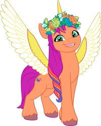 Size: 3252x4051 | Tagged: safe, sunny starscout, alicorn, pony, g5, my little pony: make your mark, official, .ai available, artificial horn, artificial wings, augmented, colored, female, flat colors, g5 brand assets, horn, magic, magic horn, magic wings, mane stripe sunny, mare, race swap, simple background, solo, sunnycorn, transparent background, vector, wings