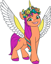 Size: 3252x4051 | Tagged: safe, sunny starscout, alicorn, pony, g5, my little pony: make your mark, official, .ai available, artificial horn, artificial wings, augmented, colored, female, flat colors, g5 brand assets, horn, magic, magic horn, magic wings, mane stripe sunny, mare, race swap, simple background, solo, sunnycorn, transparent background, vector, wings