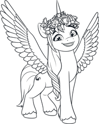 Size: 3252x4051 | Tagged: safe, sunny starscout, alicorn, pony, g5, my little pony: make your mark, official, .ai available, female, g5 brand assets, mare, monochrome, outlines only, race swap, simple background, solo, sunnycorn, transparent background, vector