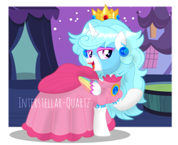 Size: 4591x3747 | Tagged: safe, artist:csillaghullo, artist:interstellar-quartz, artist:mint-light, oc, oc only, oc:jemimasparkle, alicorn, pony, base used, clothes, colored wings, costume, crown, cute, dress, ear piercing, earring, evening gloves, eyeshadow, female, gloves, gown, jewelry, lidded eyes, lipstick, long gloves, makeup, mare, multicolored wings, nightmare night, nightmare night costume, ocbetes, open mouth, open smile, outdoors, piercing, princess peach, rainbow wings, regalia, smiling, super mario bros., wings