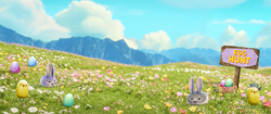 Size: 4096x1716 | Tagged: safe, bird, rabbit, g5, my little pony: make your mark, official, 3d, animal, cloud, day, english, g5 brand assets, meadow, mountain, mountain range, no pony, outdoors, scenery, sky