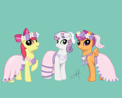 Size: 1280x1024 | Tagged: safe, artist:yinmai, apple bloom, scootaloo, sweetie belle, earth pony, pegasus, pony, unicorn, a canterlot wedding, g4, adorabloom, apple bloom's bow, bow, clothes, cute, cutealoo, cutie mark crusaders, cutie mark cuties, diasweetes, dress, female, filly, floral head wreath, flower, flower filly, flower girl, flower girl dress, foal, grin, hair bow, horn, open mouth, open smile, smiling, spread wings, wings