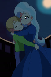 Size: 1280x1921 | Tagged: safe, artist:qsky, trixie, oc, oc:sean coover, human, equestria girls, g4, canon x oc, clothes, cute, daaaaaaaaaaaw, diatrixes, dress, duo, eyes closed, female, gown, hug, looking at each other, looking at someone, male, moon, night, ocbetes, shipping, smiling, smiling at each other, the great and elegant trixie