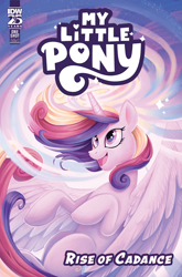 Size: 2063x3131 | Tagged: safe, artist:natalie haines, idw, official comic, princess cadance, alicorn, pony, g4, official, 2025, belly, comic cover, concave belly, cover, cover art, cute, cutedance, english, feather, female, flowing mane, flowing tail, fluffy, flying, happy, high res, horn, large wings, looking up, magic, mare, multicolored mane, multicolored tail, my little pony logo, my little pony: rise of cadance, open mouth, open smile, partially open wings, pink eyes, slender, smiling, solo, sparkles, spread wings, tail, thin, upcoming, windswept mane, wings