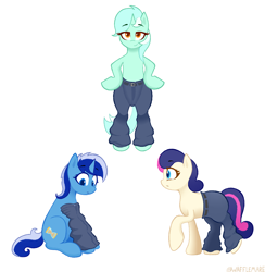 Size: 1240x1272 | Tagged: safe, artist:waffletheheadmare, bon bon, lyra heartstrings, minuette, sweetie drops, earth pony, pony, unicorn, g4, clothes, female, horn, if a dog wore pants, pants, simple background, smiling, trio, trio female, white background