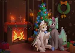 Size: 2800x2000 | Tagged: safe, artist:villjulie, oc, oc only, oc:nyash, oc:techie ellux, bat pony, pegasus, pony, bat pony oc, candle, christmas, christmas tree, christmas wreath, fire, fireplace, high res, holiday, hug, male, pegasus oc, present, tree, winghug, wings, wreath