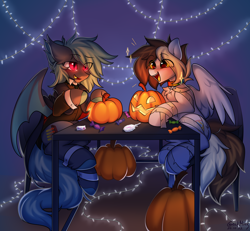 Size: 5022x4634 | Tagged: safe, artist:gicme, oc, oc only, oc:nyash, oc:techie ellux, bat pony, pegasus, bat pony oc, blushing, halloween, holiday, male, pegasus oc, pumpkin, smiling