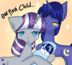 Size: 1836x1662 | Tagged: safe, artist:milochanz!, derpibooru exclusive, night light, shining armor, twilight velvet, pony, unicorn, g4, father and child, father and son, female, horn, husband and wife, male, mother and child, mother and son, one eye closed