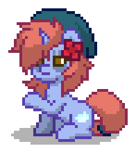 Size: 196x220 | Tagged: safe, oc, oc only, oc:snow blanket, pony, unicorn, pony town, g4, beanie, blue coat, brown eyes, digital art, female, flower, flower in hair, hat, horn, mare, orange hair, orange mane, orange tail, pixel art, raised hoof, simple background, sitting, solo, tail, tied tail, transparent background, unicorn oc