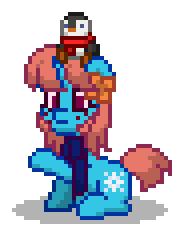 Size: 184x236 | Tagged: safe, oc, oc only, oc:arctic freeze, bird, penguin, pony, unicorn, pony town, g4, blue coat, clothes, digital art, female, flower, flower in hair, freckles, horn, mare, orange hair, orange mane, orange tail, pixel art, raised hoof, red eyes, scarf, simple background, sitting, solo, tail, transparent background, unicorn oc