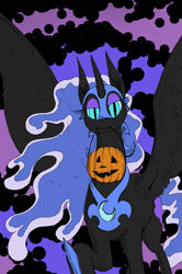 Size: 849x1280 | Tagged: safe, artist:darkhestur, nightmare moon, alicorn, mlp fim's fourteenth anniversary, g4, abstract background, armor, bag, candy bag, ethereal mane, helmet, ink, looking at you, mixed media, nicemare moon, pumpkin, solo, spread wings, wings