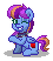 Size: 180x208 | Tagged: safe, oc, oc only, oc:glove game, pegasus, pony, pony town, g4, blue coat, choker, collar, digital art, female, green eyes, mare, one eye closed, pegasus oc, pixel art, purple hair, purple mane, purple tail, raised hoof, simple background, sitting, solo, spiked choker, spiked collar, tail, transparent background, wings, wink