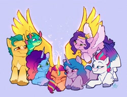 Size: 2164x1648 | Tagged: safe, artist:catmint, artist:catmintyt, hitch trailblazer, izzy moonbow, misty brightdawn, pipp petals, sparky sparkeroni, sunny starscout, zipp storm, alicorn, earth pony, pegasus, unicorn, g5, artificial horn, artificial wings, augmented, coat markings, colored wings, flying, furrowed brow, gradient hooves, group, horn, imminent winghug, large wings, lying down, magic, magic horn, magic wings, mane five, mane seven (g5), mane six (g5), mane stripe sunny, multicolored wings, pale belly, partially open wings, prone, race swap, rebirth misty, smiling, socks (coat markings), spread wings, sunnycorn, two toned wings, unshorn fetlocks, wings