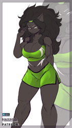 Size: 2160x3840 | Tagged: safe, artist:maximus, oc, oc only, oc:zeinna vega rosewood, earth pony, anthro, belly, black coat, black hair, breasts, busty oc, cleavage, clothes, earth pony oc, eyelashes, female, female oc, green eyes, headband, hips, looking at you, markings, midriff, muscles, muscular female, narrowed eyes, shorts, solo, sports bra, sports shorts, thighs