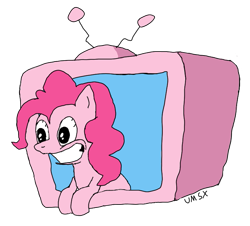 Size: 777x701 | Tagged: safe, artist:umsx, pinkie pie, earth pony, pony, g4, best pony, bloodshot eyes, breaking the fourth wall, female, fourth wall, mare, pizza tower, reference, simple background, smiling, solo, style emulation, television