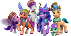 Size: 11244x5823 | Tagged: safe, hitch trailblazer, izzy moonbow, pipp petals, sparky sparkeroni, sunny starscout, zipp storm, dragon, earth pony, pegasus, pony, unicorn, g5, my little pony: make your mark, official, winter wishday, 3d, female, g5 brand assets, group, horn, male, mane five, mane stripe sunny, mare, royal sisters (g5), sextet, siblings, simple background, sisters, stallion, sunny's bag, transparent background