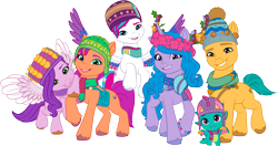 Size: 10304x5443 | Tagged: safe, hitch trailblazer, izzy moonbow, pipp petals, sparky sparkeroni, sunny starscout, zipp storm, dragon, earth pony, pegasus, pony, unicorn, g5, my little pony: make your mark, official, winter wishday, .ai available, colored, female, flat colors, g5 brand assets, group, horn, male, mane five, mane stripe sunny, mare, royal sisters (g5), sextet, siblings, simple background, sisters, stallion, sunny's bag, transparent background, vector