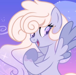 Size: 1234x1220 | Tagged: safe, artist:cstrawberrymilk, oc, oc only, oc:cloudy dawn, pegasus, pony, g4, base used, coat markings, colored pupils, colored wings, colored wingtips, eyelashes, female, female oc, flying, gift art, gradient mane, gray coat, gray wingtips, half body, leg markings, long mane, looking back, mare, mare oc, night background, open mouth, open smile, pegasus oc, purple eyes, purple pupils, raised hoof, screencap background, show accurate, sky background, smiling, socks (coat markings), solo, sparkles, sparkly mane, speedpaint available, spread wings, stars, three quarter view, two toned wings, wings