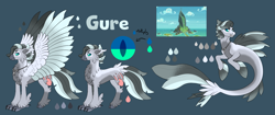 Size: 3539x1490 | Tagged: safe, artist:malinraf1615, oc, oc:gure, classical hippogriff, hippogriff, seapony (g4), amputee, dorsal fin, fin, fin wings, fins, fish tail, flowing mane, flowing tail, gray background, looking at you, male, ocean, reference sheet, scales, seaponified, simple background, smiling, smiling at you, solo, species swap, sunlight, swimming, tail, water, wings