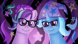 Size: 1920x1080 | Tagged: safe, artist:diekrothecat, starlight glimmer, trixie, pony, unicorn, g4, beanie, bust, clothes, fanart, female, glasses, hat, horn, mare, smiling, trixie's hat