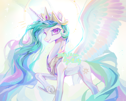 Size: 2953x2362 | Tagged: safe, artist:shiqiuzhu, princess celestia, alicorn, pony, g4, crown, female, gradient background, jewelry, mare, regalia, slender, smiling, solo, spread wings, thin, wings