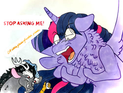 Size: 749x568 | Tagged: safe, artist:thesilentguardian87, discord, twilight sparkle, alicorn, g4, my little pony: friendship is magic, three's a crowd, angry, crayon drawing, discord being discord, duo, duo male and female, female, glass, glass of water, male, smiling, smirk, traditional art, twilight sparkle (alicorn), twilight sparkle is not amused, unamused, yelling