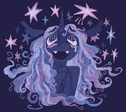 Size: 1108x983 | Tagged: safe, artist:peaceandlove26, princess luna, alicorn, anthro, g4, alternate mane color, blue coat, blue eyes, blushing, bust, crying, curly mane, ethereal mane, eyebrows, eyebrows visible through hair, fangs, female, floppy ears, freckles, hands together, implied lesbian, implied shipping, implied twilight sparkle, implied twiluna, lineless, long ears, long mane, looking up, mare, open mouth, open smile, smiling, solo, starry background, starry eyes, stars, white-haired luna, wingding eyes