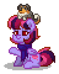 Size: 192x240 | Tagged: safe, oc, oc only, oc:featherbrain, dog, pegasus, pony, pony town, g4, clothes, digital art, female, mare, pegasus oc, pink hair, pink mane, pink tail, pixel art, purple coat, raised hoof, red eyes, scarf, simple background, sitting, solo, tail, transparent background, wings