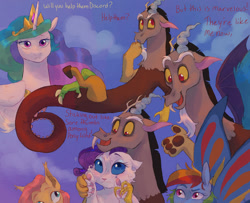 Size: 1600x1300 | Tagged: safe, artist:abbytabbys, discord, fluttershy, princess celestia, rainbow dash, rarity, abyssinian, alicorn, bat pony, butterfly, butterfly pony, draconequus, hybrid, pegasus, pony, birds of a feather, g1, g4, my little pony tales, abyssinianized, alternate universe, bat ponified, beard, black hair, blue coat, blue eyes, blue eyeshadow, blue pupils, blue sclera, blush lines, blush scribble, blushing, broken destiny au, brown fur, butterfly wings, cheek fluff, claws, cloud, colored claws, colored eyebrows, colored horns, colored paw pads, colored pinnae, colored pupils, colored sclera, colored wings, crossed legs, crown, crying, dialogue, discord being discord, emanata, ethereal mane, eyebrows, eyelashes, eyeshadow, facial hair, facing you, feathered wings, female, floppy ears, flutterbat, folded wings, frown, glimmer wings, group, head on head, holding paws, jewelry, large wings, lidded eyes, looking at each other, looking at someone, looking up, magenta pupils, makeup, male, male focus, mare, mismatched horns, mismatched legs, multicolored hair, multicolored mane, multicolored wings, neck fluff, nervous, open mouth, open smile, outdoors, paw pads, paws, peytral, pink eyes, pink mane, purple hair, purple pupils, quintet, race swap, rainbow hair, rainbow wings, raised eyebrow, raricat, red eyes, red text, regalia, sky background, smiling, smiling at someone, solo focus, species swap, spiky mane, spread wings, talking, tiara, transformed, wall of tags, wavy mane, white coat, white fur, wing fluff, wings, yellow coat, yellow sclera, yellow text