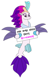 Size: 1981x3204 | Tagged: safe, artist:supahdonarudo, queen novo, seapony (g4), g4, crown, dorsal fin, fin, fin wings, fins, fish tail, holding, hoof fins, jewelry, looking at you, regalia, sign, simple background, smiling, smiling at you, solo, tail, transparent background, wings