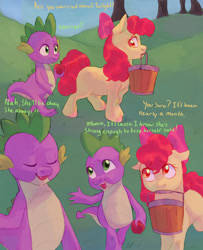 Size: 1300x1600 | Tagged: safe, artist:abbytabbys, apple bloom, spike, dragon, earth pony, pony, g4, alternate universe, apple, apple bloom's bow, blue sky, bow, broken destiny au, bucket, colored belly, colored eyebrows, colored hooves, colored pupils, day, dialogue, duo, duo male and female, eyebrows, eyes closed, fangs, female, filly, foal, food, grass, green eyes, green pupils, green text, hair accessory, hair bow, hill, holding, hooves, looking at each other, looking at someone, looking away, male, mane accessory, mouth hold, open mouth, open smile, orange pupils, outdoors, pale belly, pink bow, pink hooves, profile, purple scales, raised claw, raised eyebrow, red mane, red tail, scaled underbelly, scales, smiling, sweet apple acres, tail, talking, three quarter view, tree, unshorn fetlocks, walking, wingless spike, worried, yellow coat, yellow eyes, yellow text