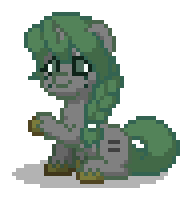 Size: 192x200 | Tagged: safe, oc, oc only, oc:emerald deltas, pony, unicorn, pony town, g4, braid, digital art, equal cutie mark, equality, equalized, female, freckles, gray coat, green eyes, green hair, green mane, green tail, hooves, horn, male to female, mane tie, mare, our town, paint, painted, pixel art, raised hoof, rule 63, simple background, sitting, solo, tail, trans female, transgender, transgender oc, transparent background, unicorn oc, yellow hooves