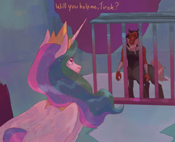 Size: 1600x1300 | Tagged: safe, artist:abbytabbys, part of a set, lord tirek, princess celestia, alicorn, centaur, pony, taur, fanfic:broken destiny, g4, alternate universe, beard, black fur, black sclera, bracer, broken destiny au, cage, colored pupils, crown, dialogue, duo, duo male and female, ethereal mane, eyelashes, facial hair, fanfic art, feathered wings, female, flowing mane, frown, frowning at each other, gray tail, horn, jewelry, long horn, looking at each other, looking at someone, male, mare, multicolored mane, nose piercing, nose ring, peytral, piercing, purple eyes, red skin, regalia, septum piercing, shiny mane, shiny tail, standing, talking, tartarus, this will not end well, tiara, unicorn horn, wavy mane, white coat, wings, yellow text