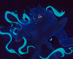 Size: 1600x1300 | Tagged: safe, artist:abbytabbys, princess luna, alicorn, pony, fanfic:broken destiny, g4, alternate universe, blue coat, blue eyes, blue eyeshadow, blue magic, blue mane, blue pupils, blue tail, broken destiny au, colored eyebrows, colored hooves, colored pupils, ethereal mane, ethereal tail, eyelashes, eyeshadow, fanfic art, feathered wings, female, flowing mane, flowing tail, folded wings, frown, gray hooves, hooves, horn, lidded eyes, long horn, looking at something, magic, magic eyes, makeup, mare, missing accessory, shiny mane, shiny tail, smiling at something, solo, standing, starry mane, starry tail, tail, three quarter view, underhoof, unicorn horn, wings