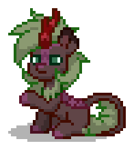 Size: 196x220 | Tagged: safe, oc, oc only, oc:river embers, kirin, pony town, g4, brown coat, digital art, green eyes, green hair, green mane, green tail, horn, kirin oc, male, non-pony oc, pixel art, purple scales, raised hoof, scales, simple background, sitting, solo, tail, transparent background