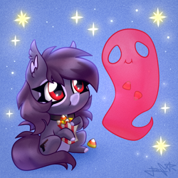 Size: 2000x2000 | Tagged: safe, oc, oc:pestyskillengton, bat pony, ghost, pony, undead, candy, chibi, collar, eating, female, food, halloween, holiday, mare, solo