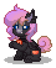 Size: 180x220 | Tagged: safe, oc, oc only, oc:wild peach, bat pony, pony, pony town, g4, bat pony oc, bat wings, black coat, blue eyes, choker, digital art, fangs, female, jewelry, mare, necklace, pink hair, pink mane, pink tail, pixel art, raised hoof, simple background, sitting, solo, tail, transparent background, wings