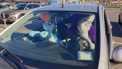 Size: 4032x2268 | Tagged: safe, artist:ponimalion, rainbow dash, oc, oc:morning glory (project horizons), pegasus, pony, fallout equestria, fallout equestria: project horizons, g4, car, fanfic art, female, irl, mare, photo, plushie