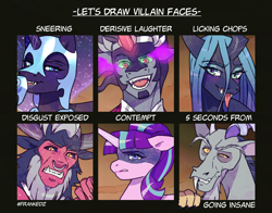 Size: 2358x1846 | Tagged: safe, artist:frank3dz, discord, king sombra, lord tirek, nightmare moon, queen chrysalis, starlight glimmer, alicorn, centaur, changeling, changeling queen, draconequus, pony, unicorn, taur, g4, antagonist, black background, bust, ears back, eye mist, fangs, female, grin, gritted teeth, high res, horn, lidded eyes, looking at you, male, mare, open mouth, open smile, s5 starlight, simple background, smiling, smiling at you, stallion, teeth, text, tongue out