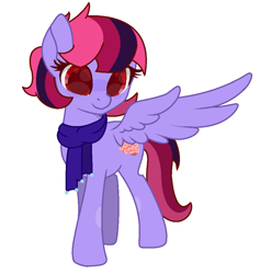 Size: 929x982 | Tagged: safe, artist:3173_delta, oc, oc only, oc:featherbrain, pegasus, pony, g4, base used, clothes, digital art, female, mare, pegasus oc, pink hair, pink mane, pink tail, purple coat, red eyes, scarf, simple background, solo, tail, white background, wings